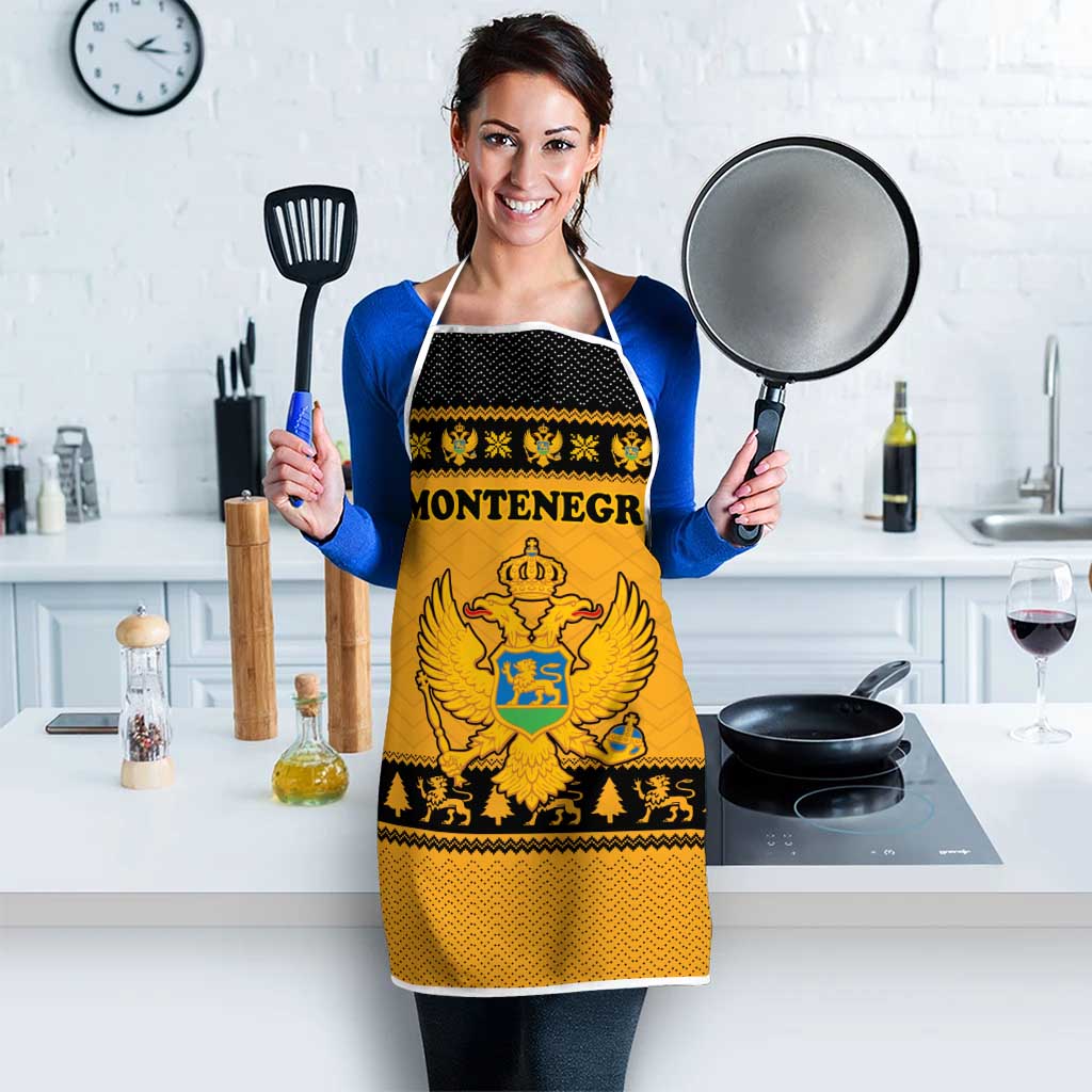 Montenegro Christmas Apron with Gold-Black Theme, Double-Headed Eagle, and Map Motif - Wonder Print Shop