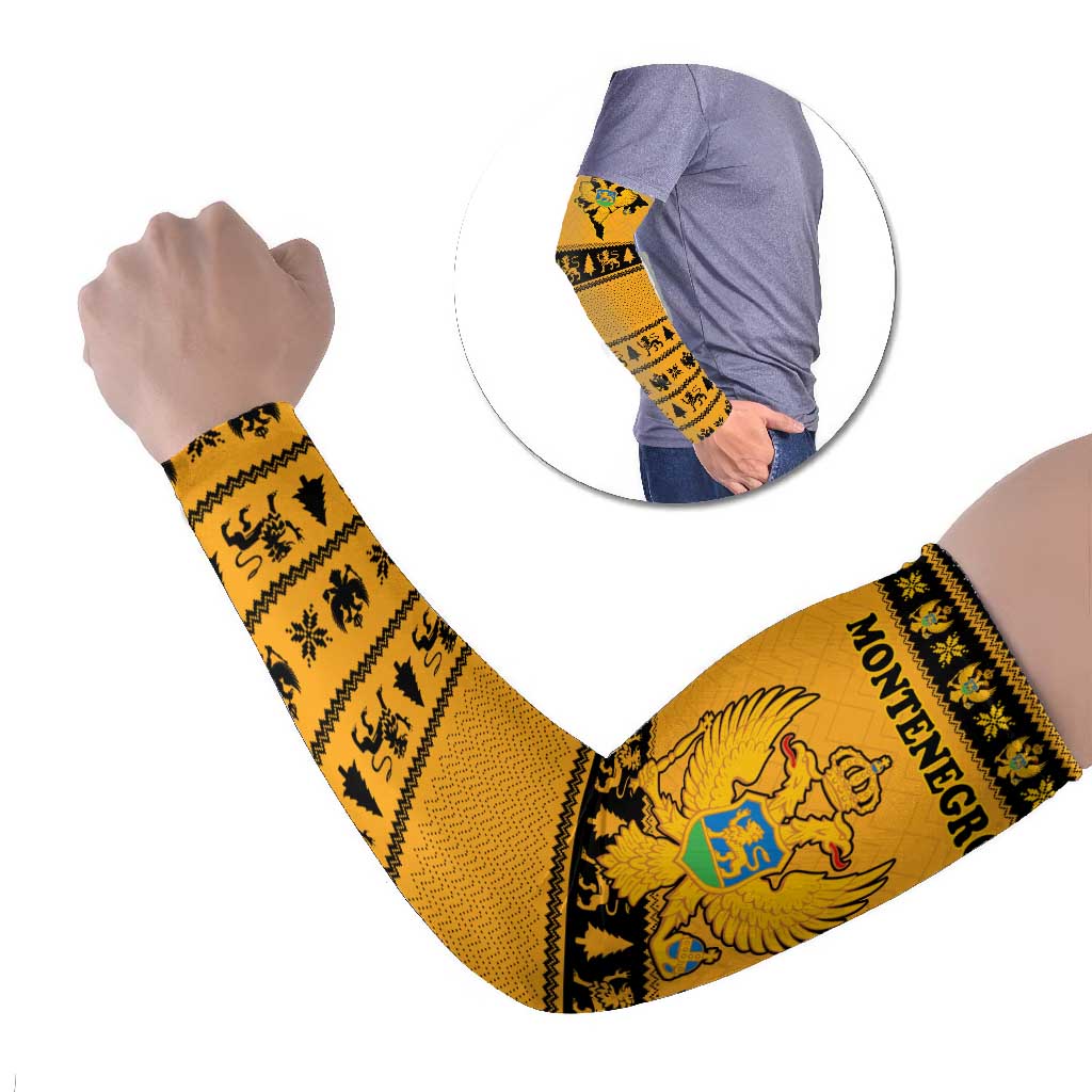 Montenegro Christmas Arm Sleeves with Gold-Black Theme, Double-Headed Eagle, and Map Motif - Wonder Print Shop