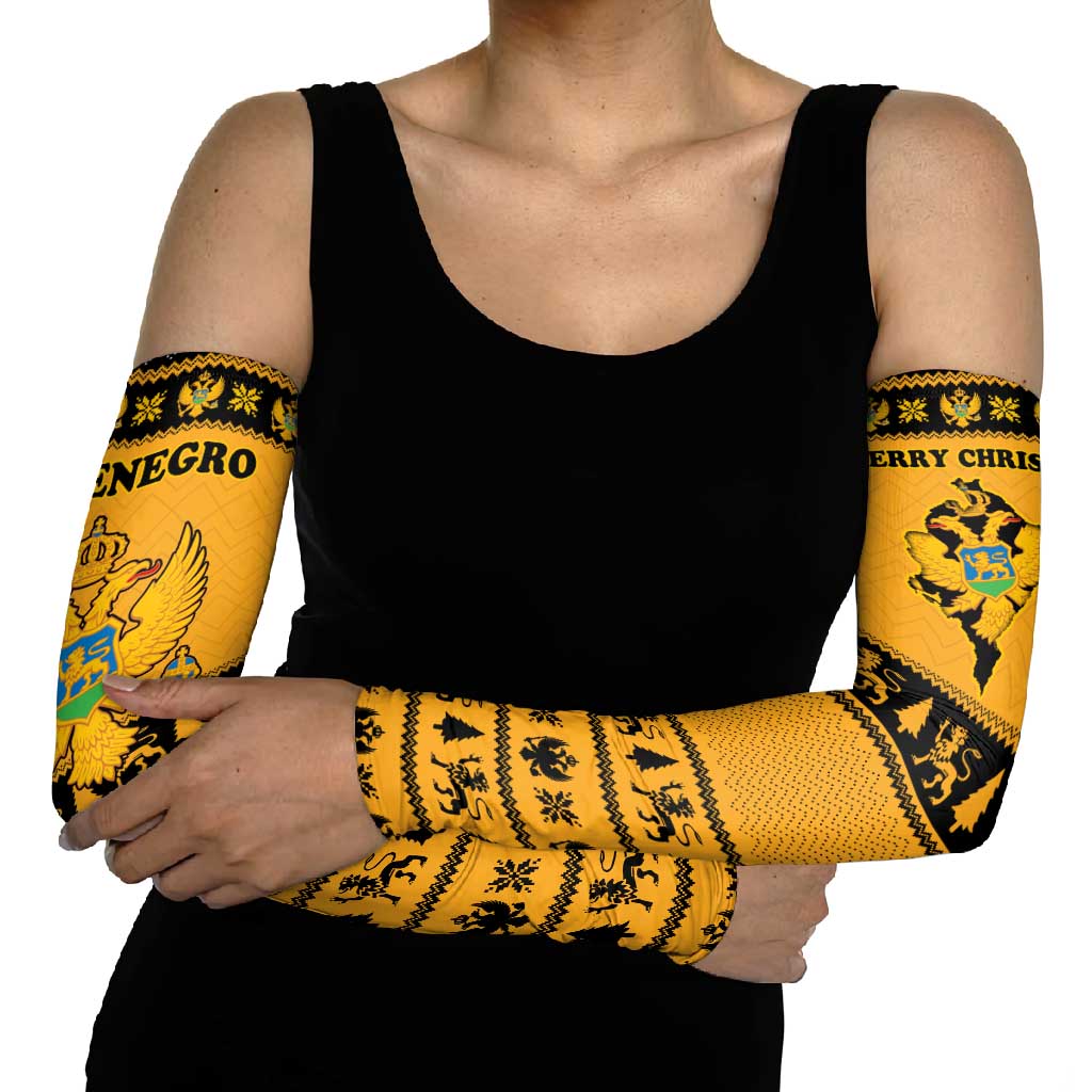 Montenegro Christmas Arm Sleeves with Gold-Black Theme, Double-Headed Eagle, and Map Motif - Wonder Print Shop