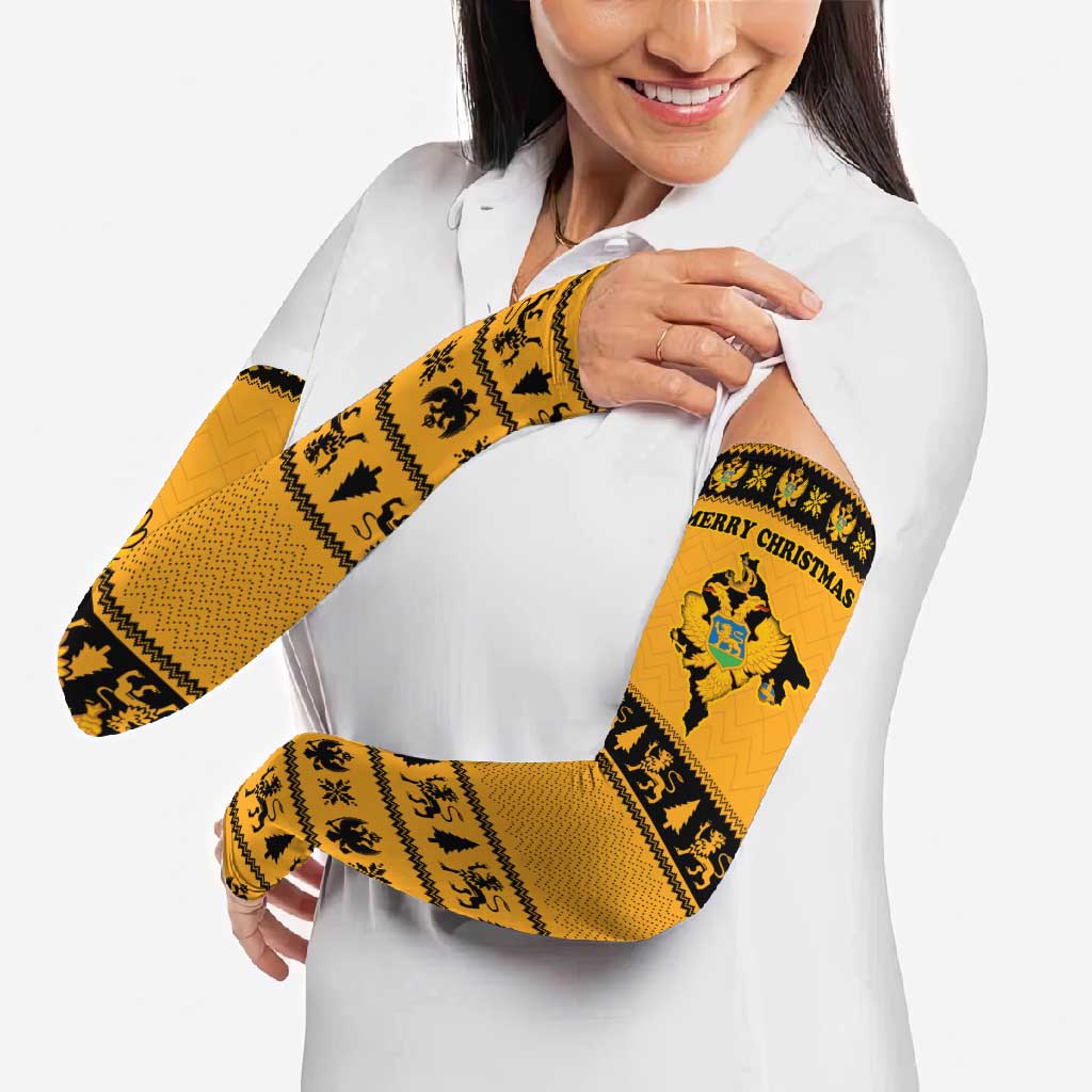 Montenegro Christmas Arm Sleeves with Gold-Black Theme, Double-Headed Eagle, and Map Motif - Wonder Print Shop