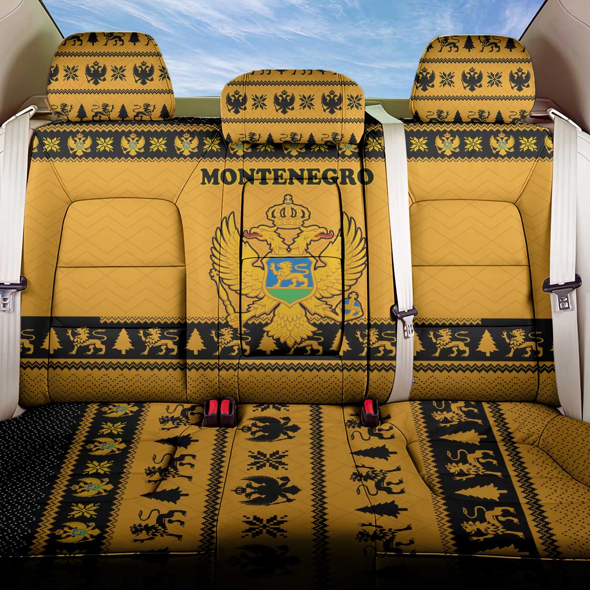 Montenegro Christmas Back Car Seat Cover with Gold-Black Theme, Double-Headed Eagle, and Map Motif - Wonder Print Shop