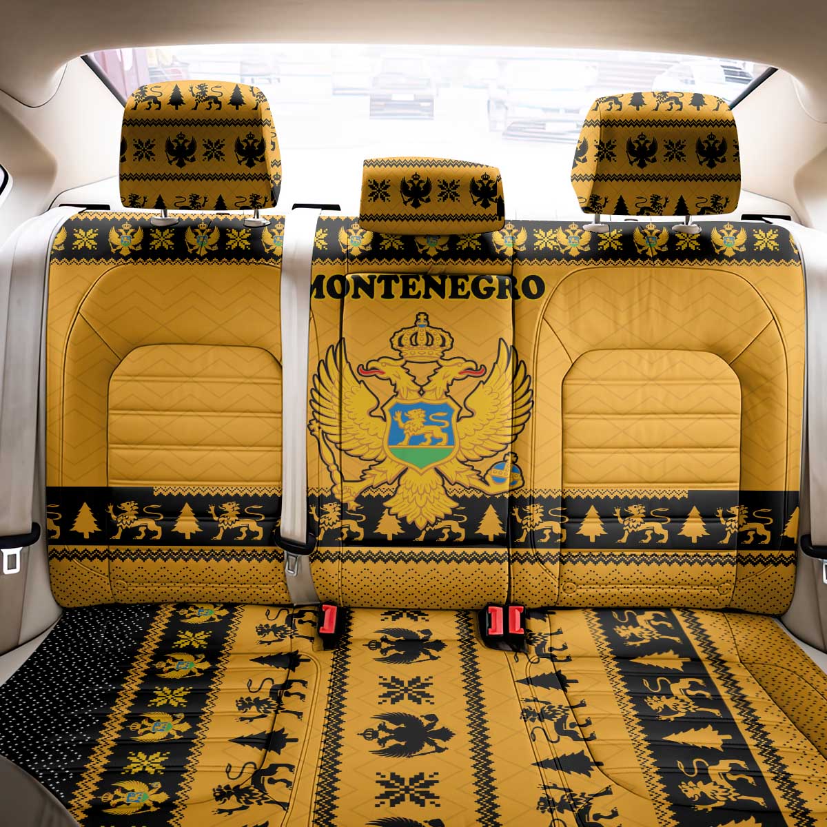 Montenegro Christmas Back Car Seat Cover with Gold-Black Theme, Double-Headed Eagle, and Map Motif - Wonder Print Shop