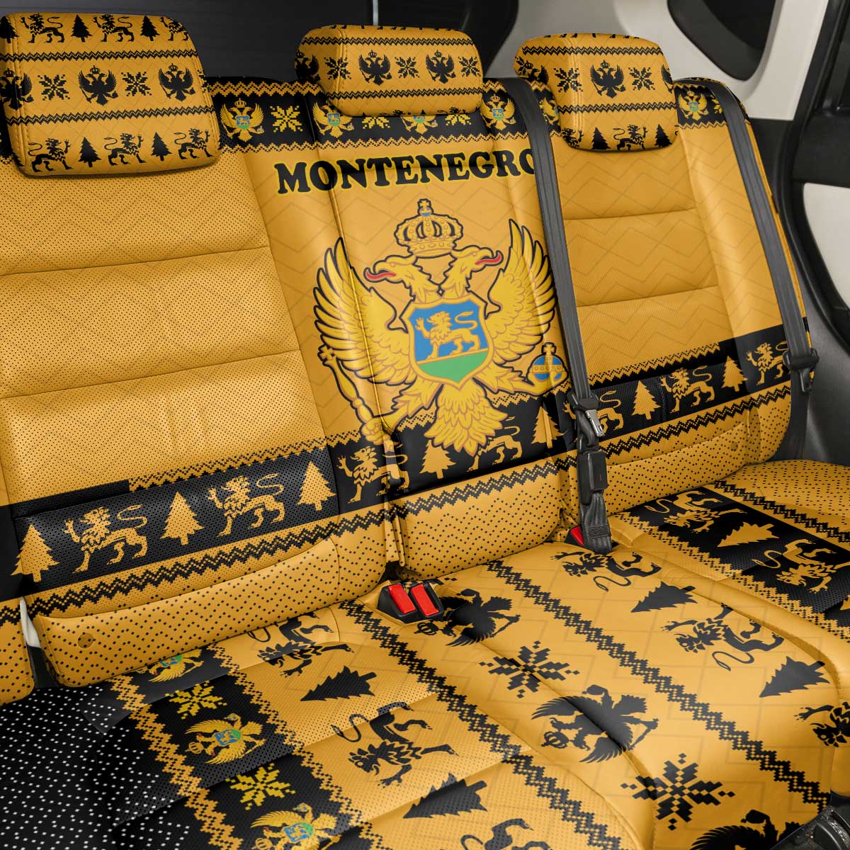 Montenegro Christmas Back Car Seat Cover with Gold-Black Theme, Double-Headed Eagle, and Map Motif - Wonder Print Shop