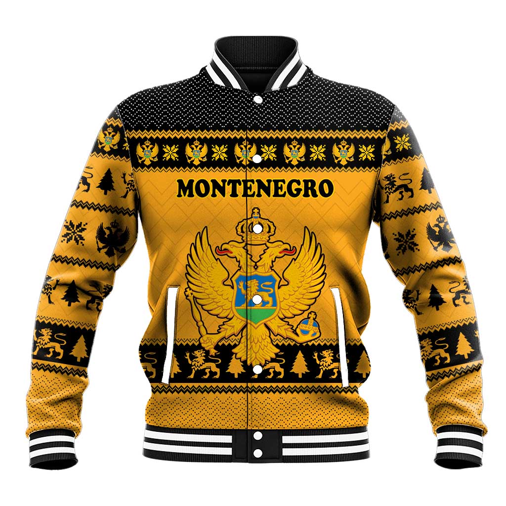 Montenegro Christmas Baseball Jacket with Gold-Black Theme, Double-Headed Eagle, and Map Motif - Wonder Print Shop