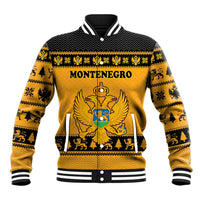 Montenegro Christmas Baseball Jacket with Gold-Black Theme, Double-Headed Eagle, and Map Motif - Wonder Print Shop