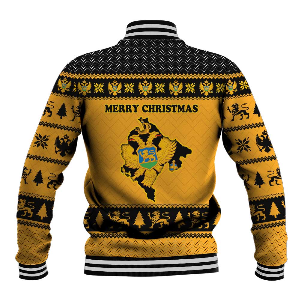 Montenegro Christmas Baseball Jacket with Gold-Black Theme, Double-Headed Eagle, and Map Motif - Wonder Print Shop