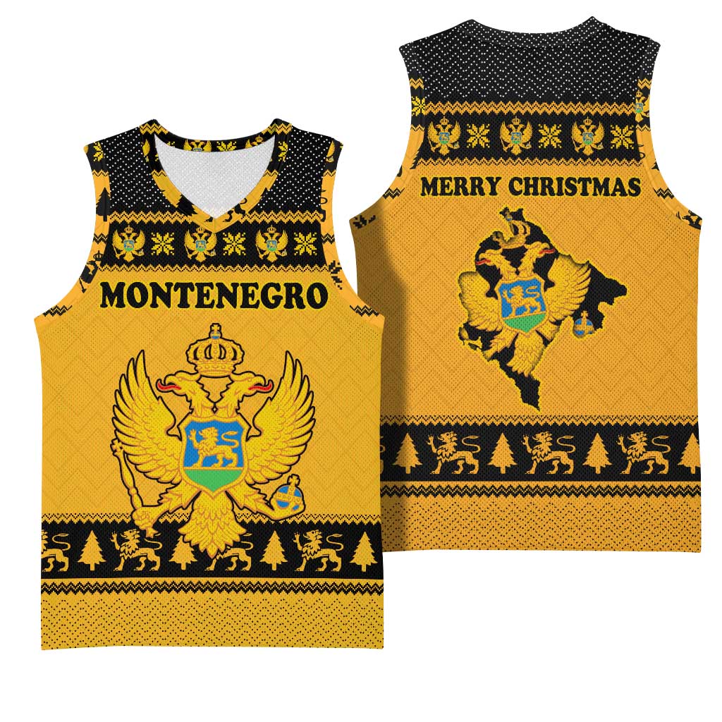 Montenegro Christmas Basketball Jersey with Gold-Black Theme, Double-Headed Eagle, and Map Motif - Wonder Print Shop