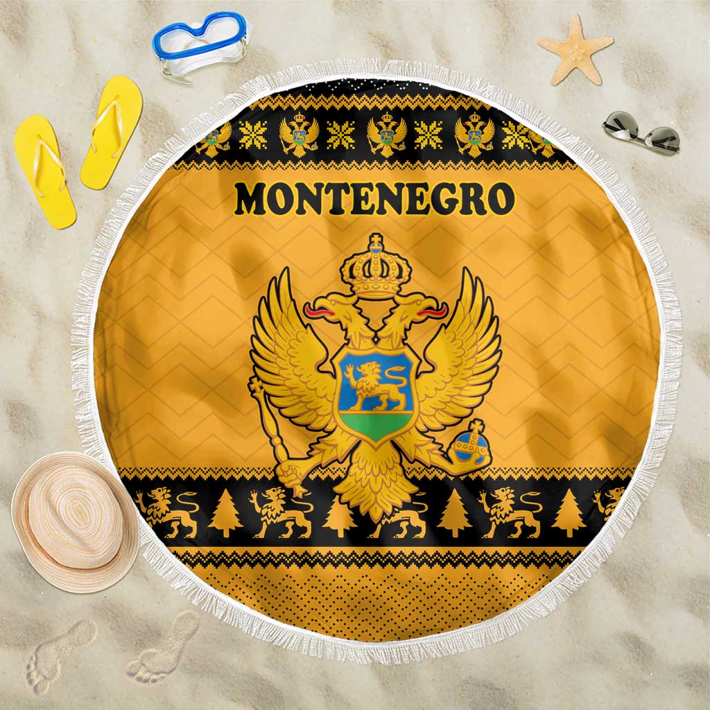 Montenegro Christmas Beach Blanket with Gold-Black Theme, Double-Headed Eagle, and Map Motif - Wonder Print Shop
