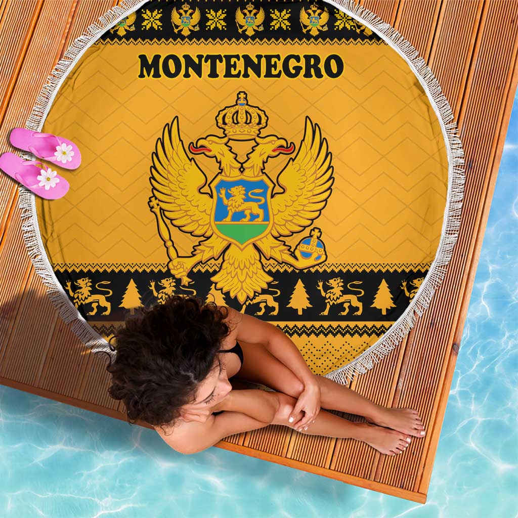 Montenegro Christmas Beach Blanket with Gold-Black Theme, Double-Headed Eagle, and Map Motif - Wonder Print Shop