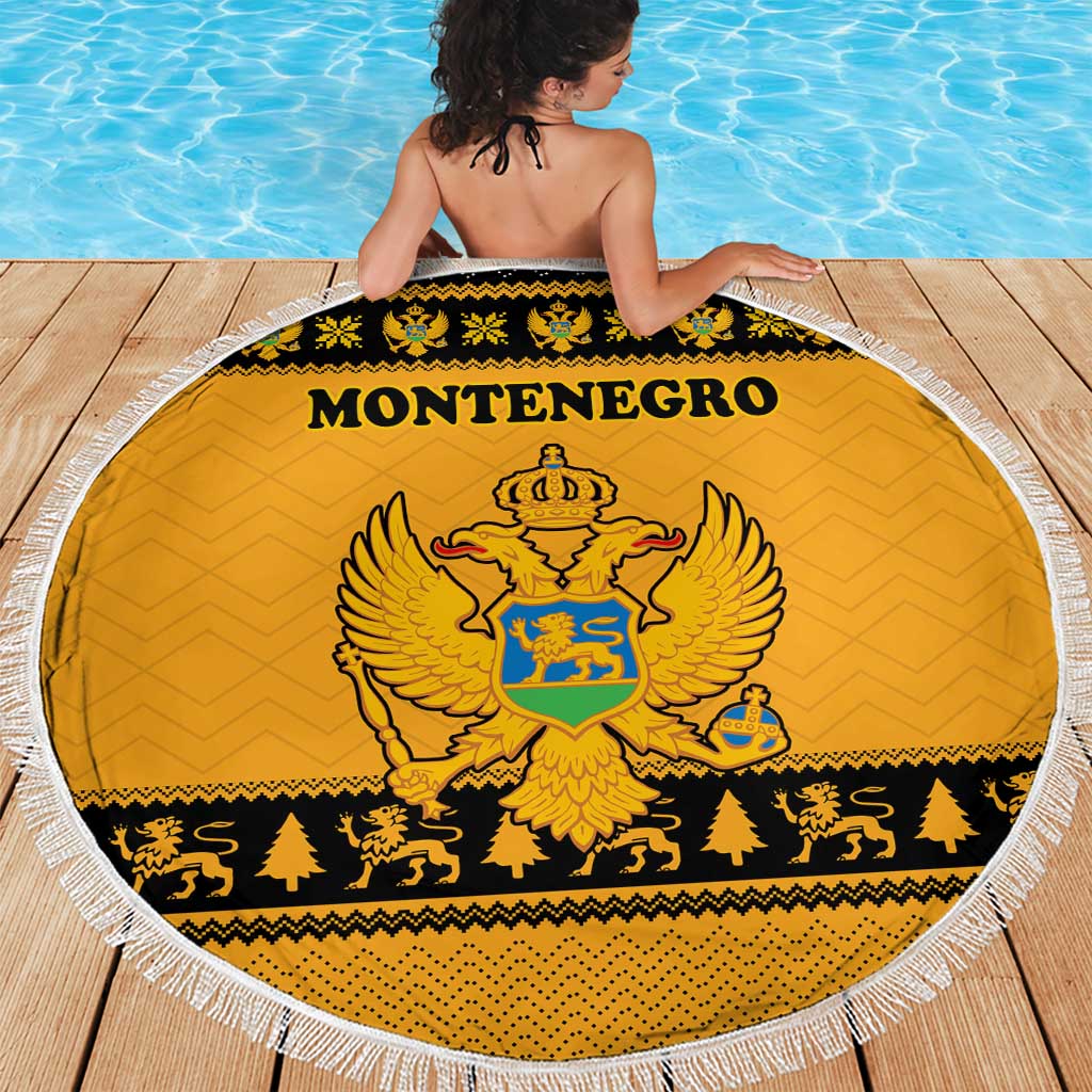 Montenegro Christmas Beach Blanket with Gold-Black Theme, Double-Headed Eagle, and Map Motif - Wonder Print Shop