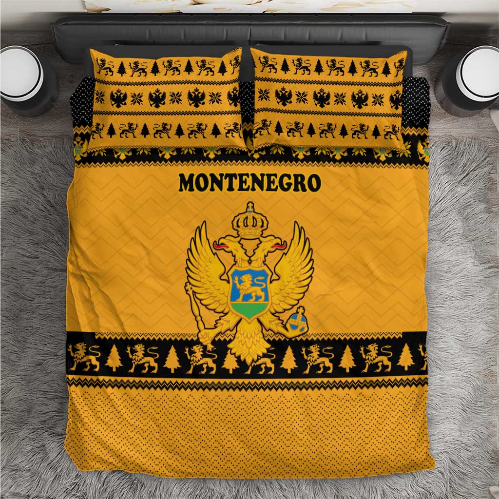 Montenegro Christmas Bedding Set with Gold-Black Theme, Double-Headed Eagle, and Map Motif - Wonder Print Shop