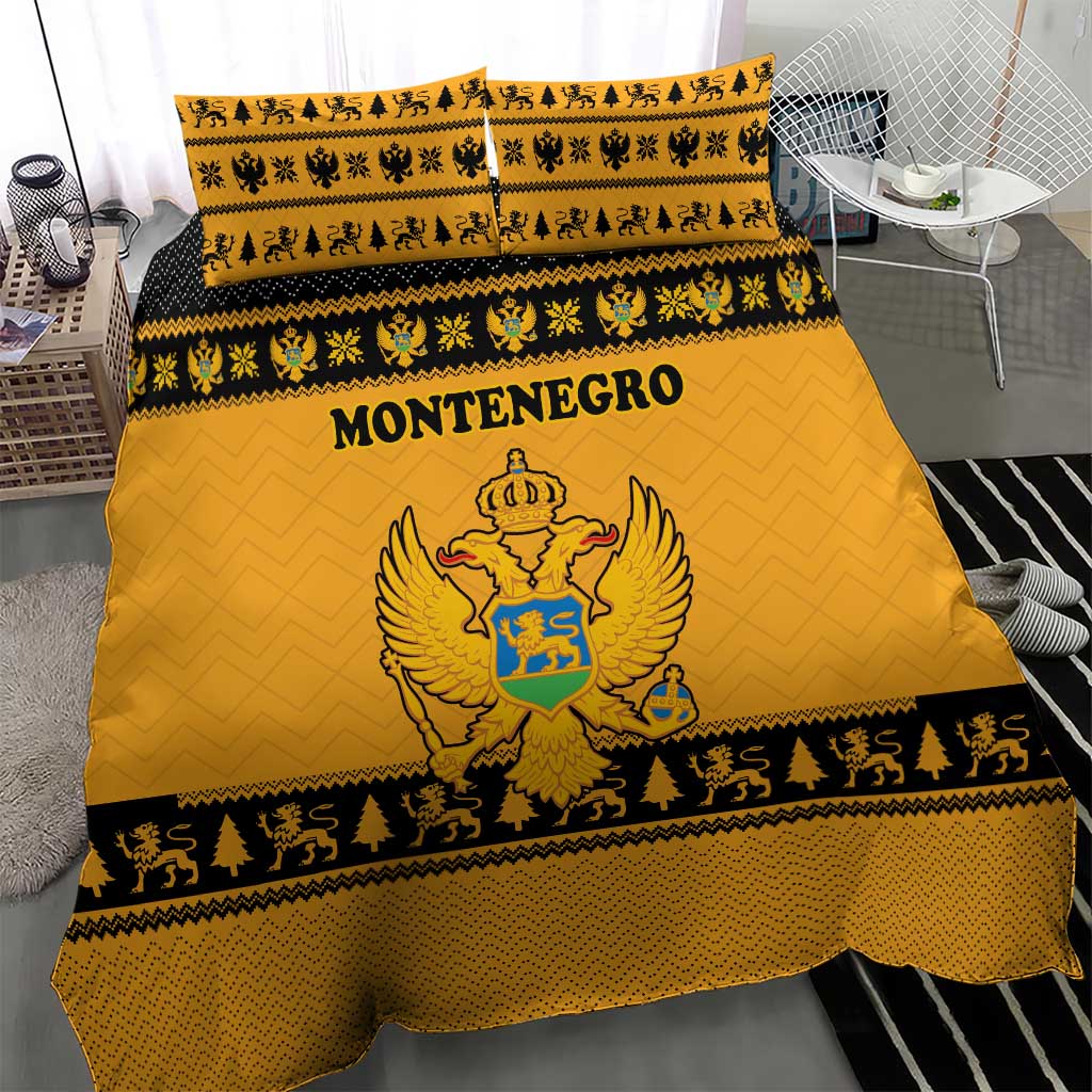 Montenegro Christmas Bedding Set with Gold-Black Theme, Double-Headed Eagle, and Map Motif - Wonder Print Shop