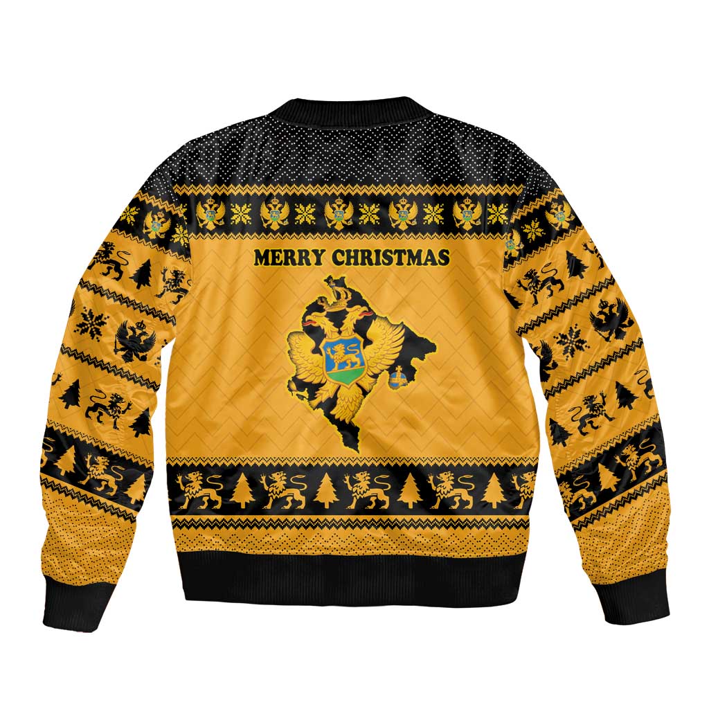 Montenegro Christmas Bomber Jacket with Gold-Black Theme, Double-Headed Eagle, and Map Motif - Wonder Print Shop