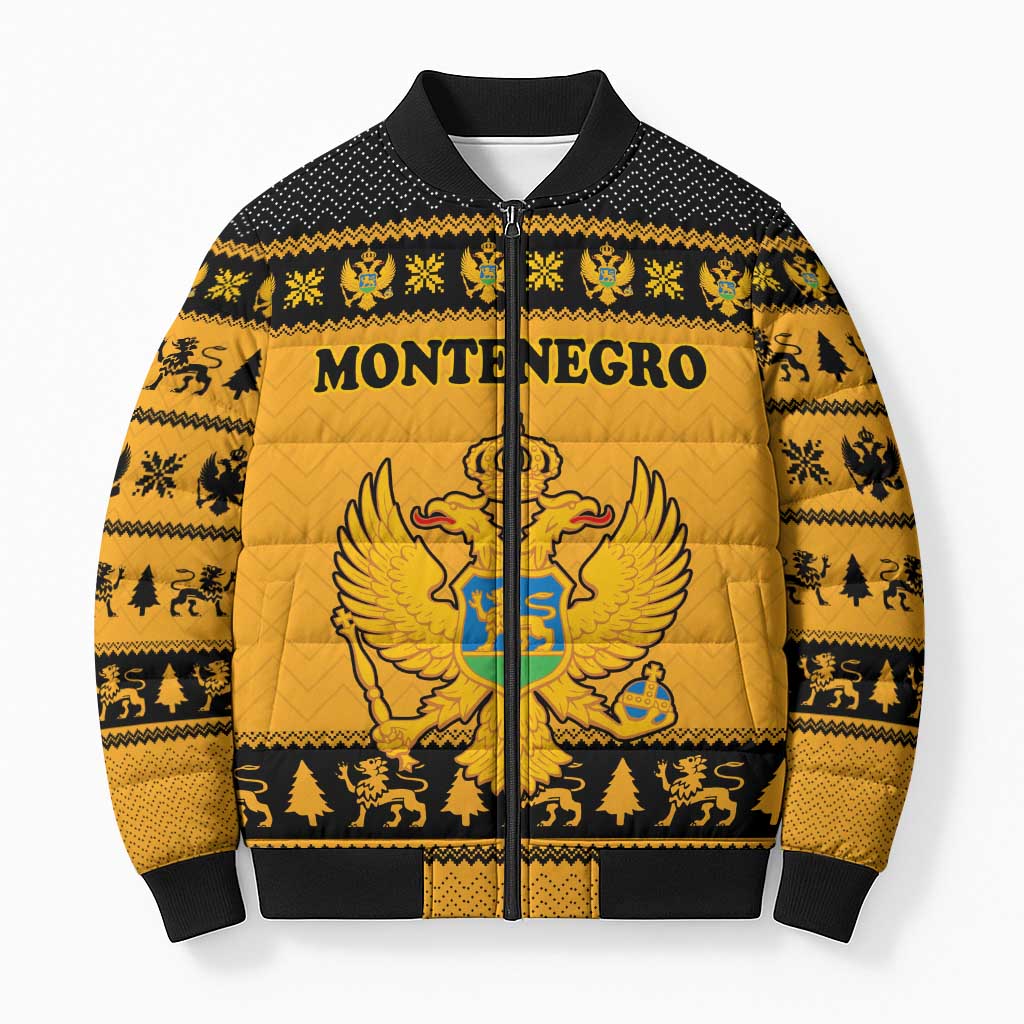 Montenegro Christmas Bomber Puffer Jacket with Gold-Black Theme, Double-Headed Eagle, and Map Motif - Wonder Print Shop