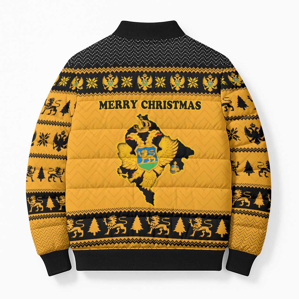 Montenegro Christmas Bomber Puffer Jacket with Gold-Black Theme, Double-Headed Eagle, and Map Motif - Wonder Print Shop