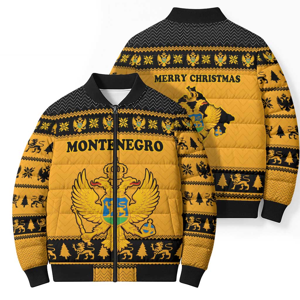 Montenegro Christmas Bomber Puffer Jacket with Gold-Black Theme, Double-Headed Eagle, and Map Motif - Wonder Print Shop