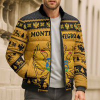 Montenegro Christmas Bomber Puffer Jacket with Gold-Black Theme, Double-Headed Eagle, and Map Motif - Wonder Print Shop