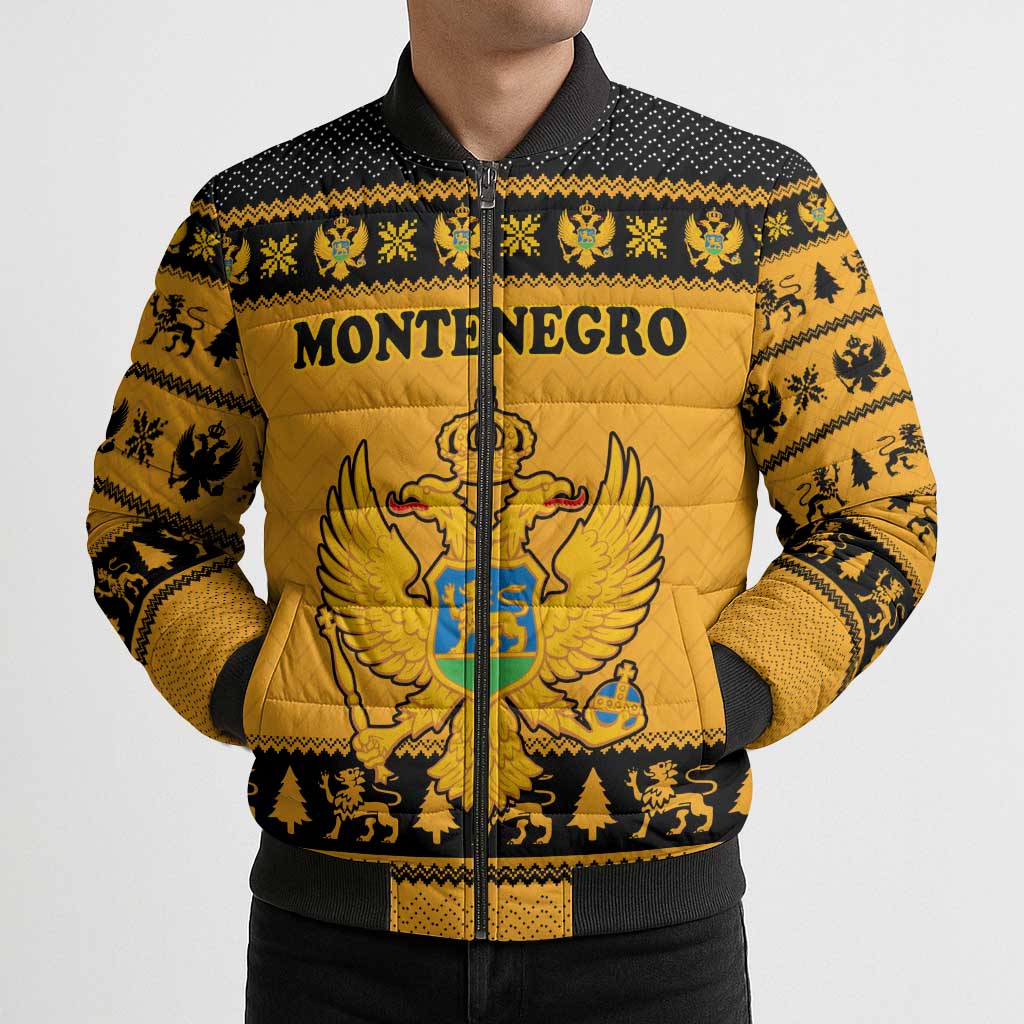 Montenegro Christmas Bomber Puffer Jacket with Gold-Black Theme, Double-Headed Eagle, and Map Motif - Wonder Print Shop