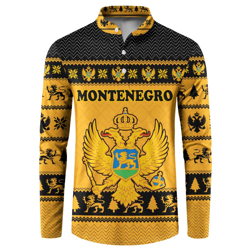 Montenegro Christmas Button Sweatshirt with Gold-Black Theme, Double-Headed Eagle, and Map Motif - Wonder Print Shop
