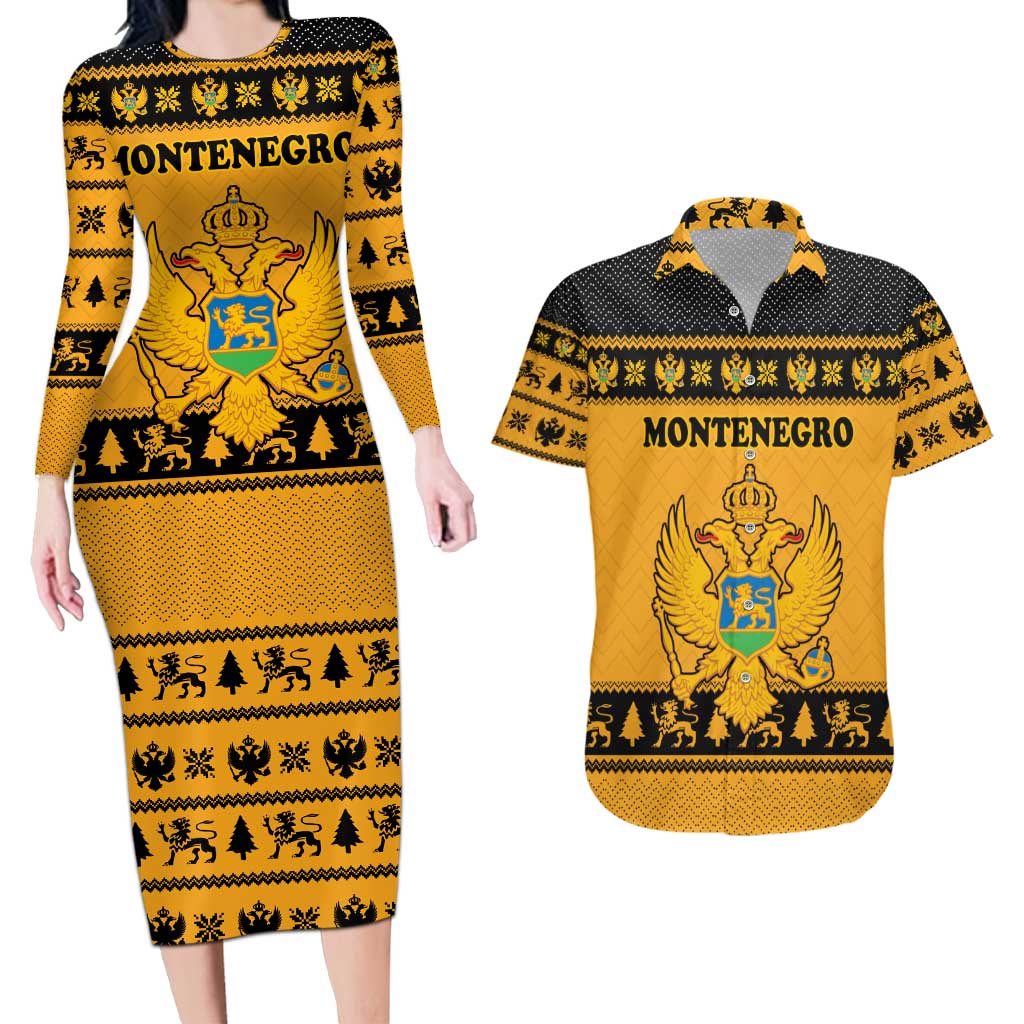 Montenegro Christmas Couples Matching Long Sleeve Bodycon Dress and Hawaiian Shirt with Gold-Black Theme, Double-Headed Eagle, and Map Motif - Wonder Print Shop