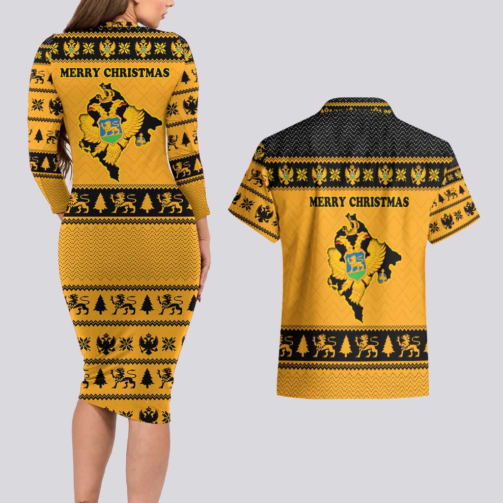Montenegro Christmas Couples Matching Long Sleeve Bodycon Dress and Hawaiian Shirt with Gold-Black Theme, Double-Headed Eagle, and Map Motif - Wonder Print Shop
