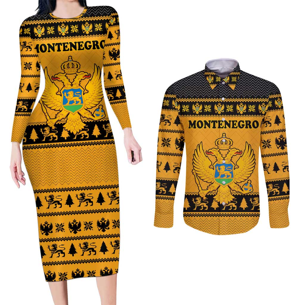 Montenegro Christmas Couples Matching Long Sleeve Bodycon Dress and Long Sleeve Button Shirt with Gold-Black Theme, Double-Headed Eagle, and Map Motif - Wonder Print Shop