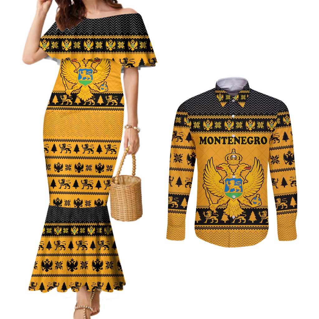 Montenegro Christmas Couples Matching Mermaid Dress and Long Sleeve Button Shirt with Gold-Black Theme, Double-Headed Eagle, and Map Motif - Wonder Print Shop