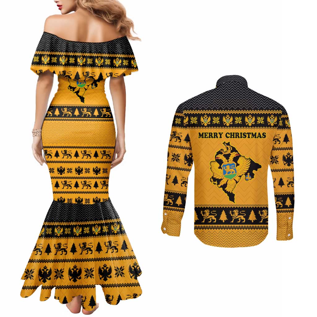 Montenegro Christmas Couples Matching Mermaid Dress and Long Sleeve Button Shirt with Gold-Black Theme, Double-Headed Eagle, and Map Motif - Wonder Print Shop
