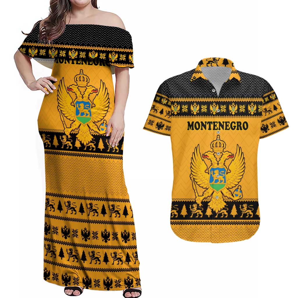 Montenegro Christmas Couples Matching Off Shoulder Maxi Dress and Hawaiian Shirt with Gold-Black Theme, Double-Headed Eagle, and Map Motif - Wonder Print Shop