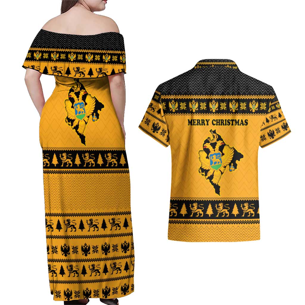 Montenegro Christmas Couples Matching Off Shoulder Maxi Dress and Hawaiian Shirt with Gold-Black Theme, Double-Headed Eagle, and Map Motif - Wonder Print Shop