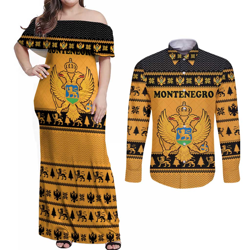 Montenegro Christmas Couples Matching Off Shoulder Maxi Dress and Long Sleeve Button Shirt with Gold-Black Theme, Double-Headed Eagle, and Map Motif - Wonder Print Shop