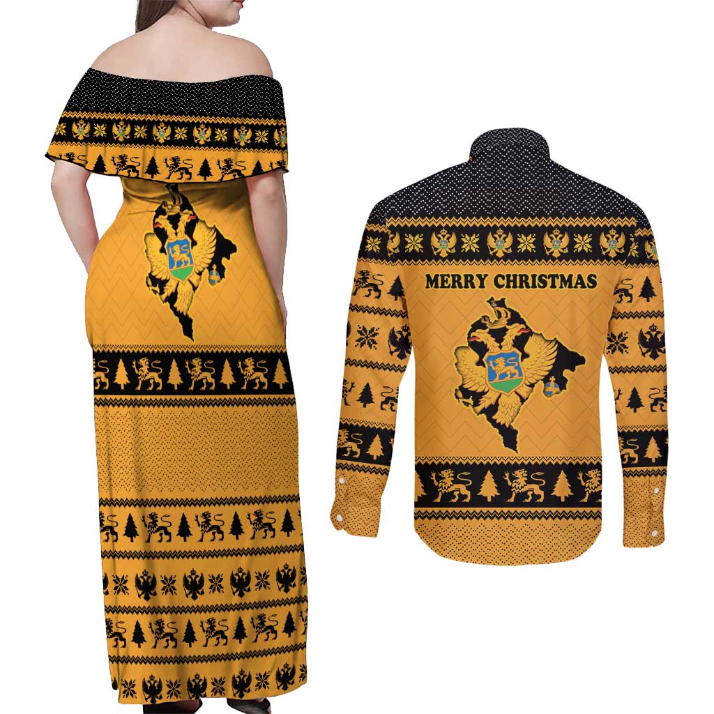 Montenegro Christmas Couples Matching Off Shoulder Maxi Dress and Long Sleeve Button Shirt with Gold-Black Theme, Double-Headed Eagle, and Map Motif - Wonder Print Shop