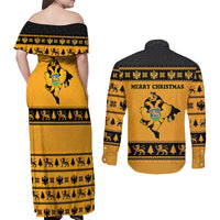 Montenegro Christmas Couples Matching Off Shoulder Maxi Dress and Long Sleeve Button Shirt with Gold-Black Theme, Double-Headed Eagle, and Map Motif - Wonder Print Shop