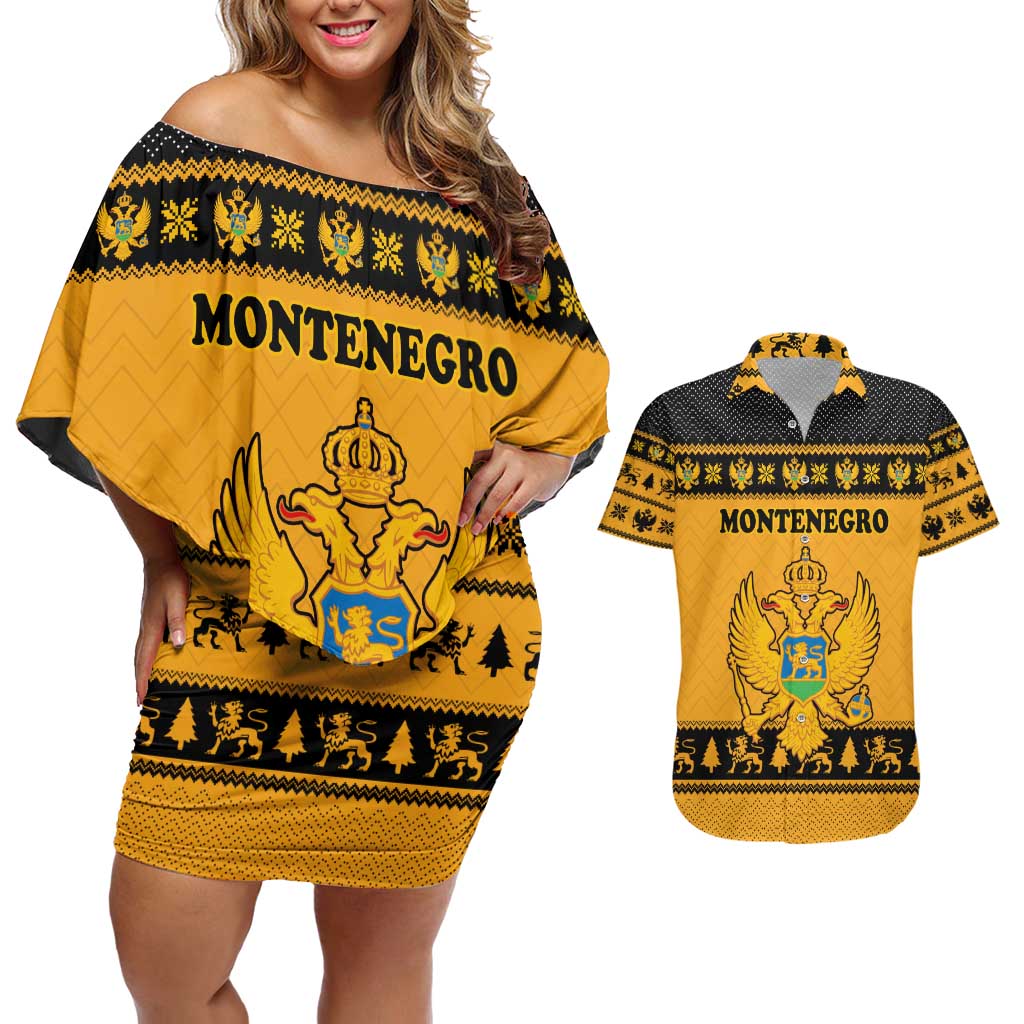 Montenegro Christmas Couples Matching Off Shoulder Short Dress and Hawaiian Shirt with Gold-Black Theme, Double-Headed Eagle, and Map Motif - Wonder Print Shop