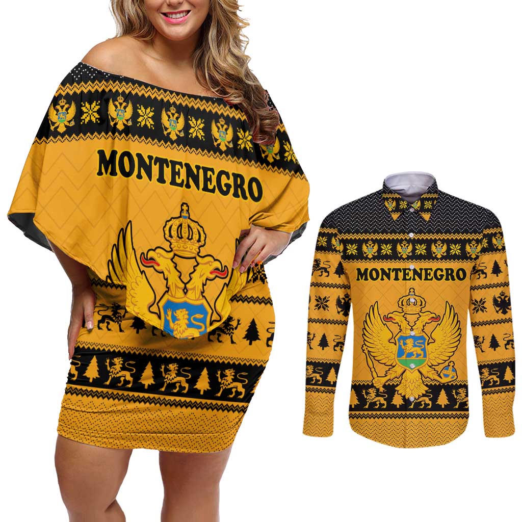 Montenegro Christmas Couples Matching Off Shoulder Short Dress and Long Sleeve Button Shirt with Gold-Black Theme, Double-Headed Eagle, and Map Motif - Wonder Print Shop