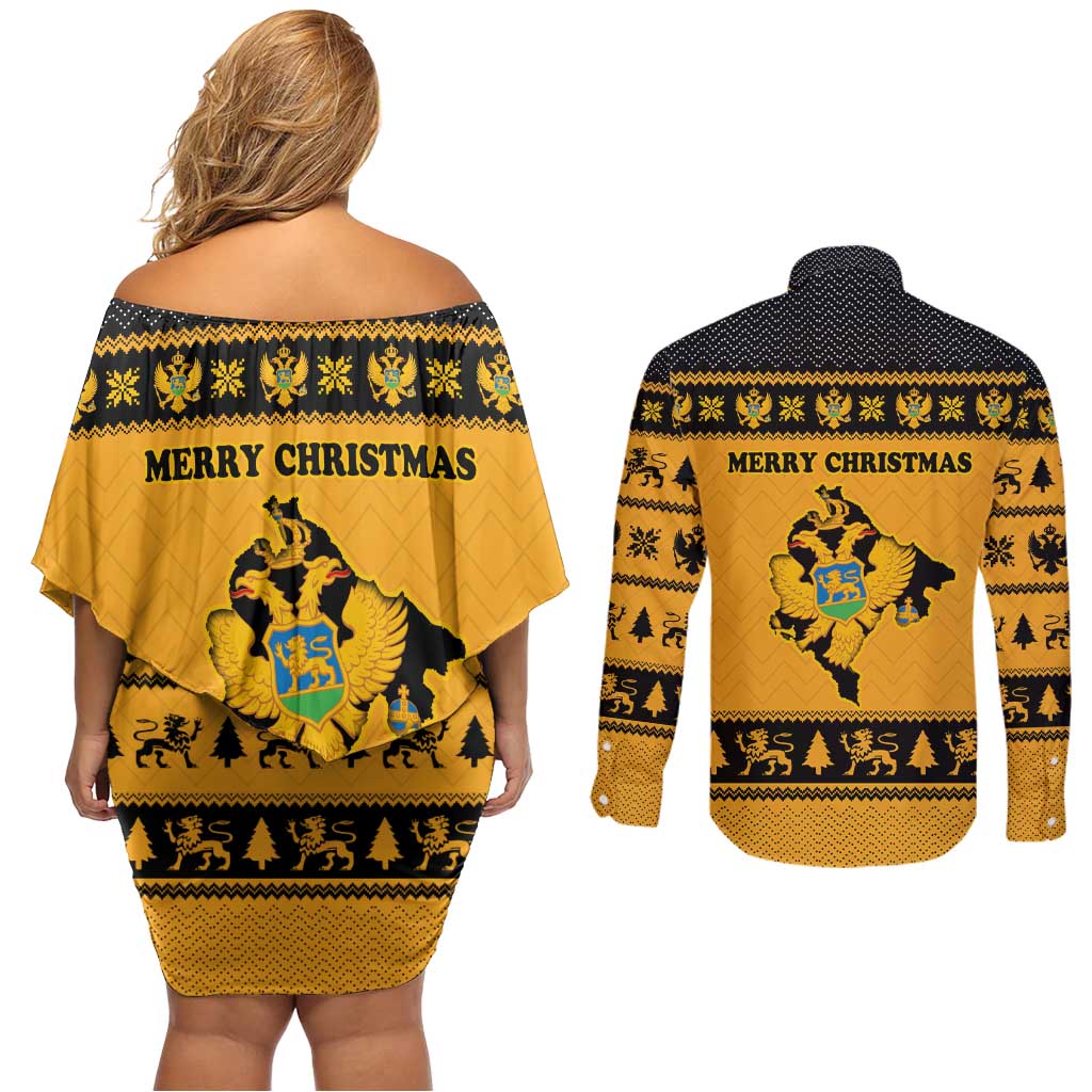 Montenegro Christmas Couples Matching Off Shoulder Short Dress and Long Sleeve Button Shirt with Gold-Black Theme, Double-Headed Eagle, and Map Motif - Wonder Print Shop