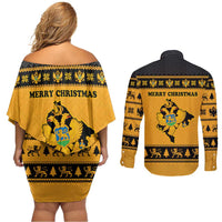Montenegro Christmas Couples Matching Off Shoulder Short Dress and Long Sleeve Button Shirt with Gold-Black Theme, Double-Headed Eagle, and Map Motif - Wonder Print Shop