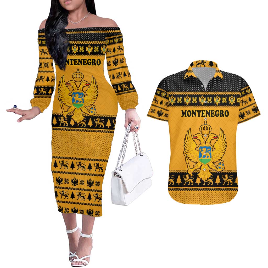 Montenegro Christmas Couples Matching Off The Shoulder Long Sleeve Dress and Hawaiian Shirt with Gold-Black Theme, Double-Headed Eagle, and Map Motif - Wonder Print Shop