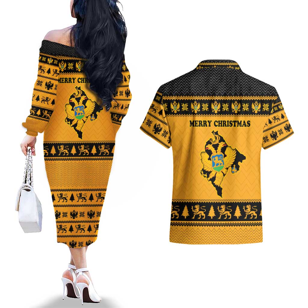 Montenegro Christmas Couples Matching Off The Shoulder Long Sleeve Dress and Hawaiian Shirt with Gold-Black Theme, Double-Headed Eagle, and Map Motif - Wonder Print Shop