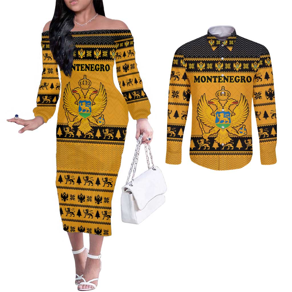 Montenegro Christmas Couples Matching Off The Shoulder Long Sleeve Dress and Long Sleeve Button Shirt with Gold-Black Theme, Double-Headed Eagle, and Map Motif - Wonder Print Shop