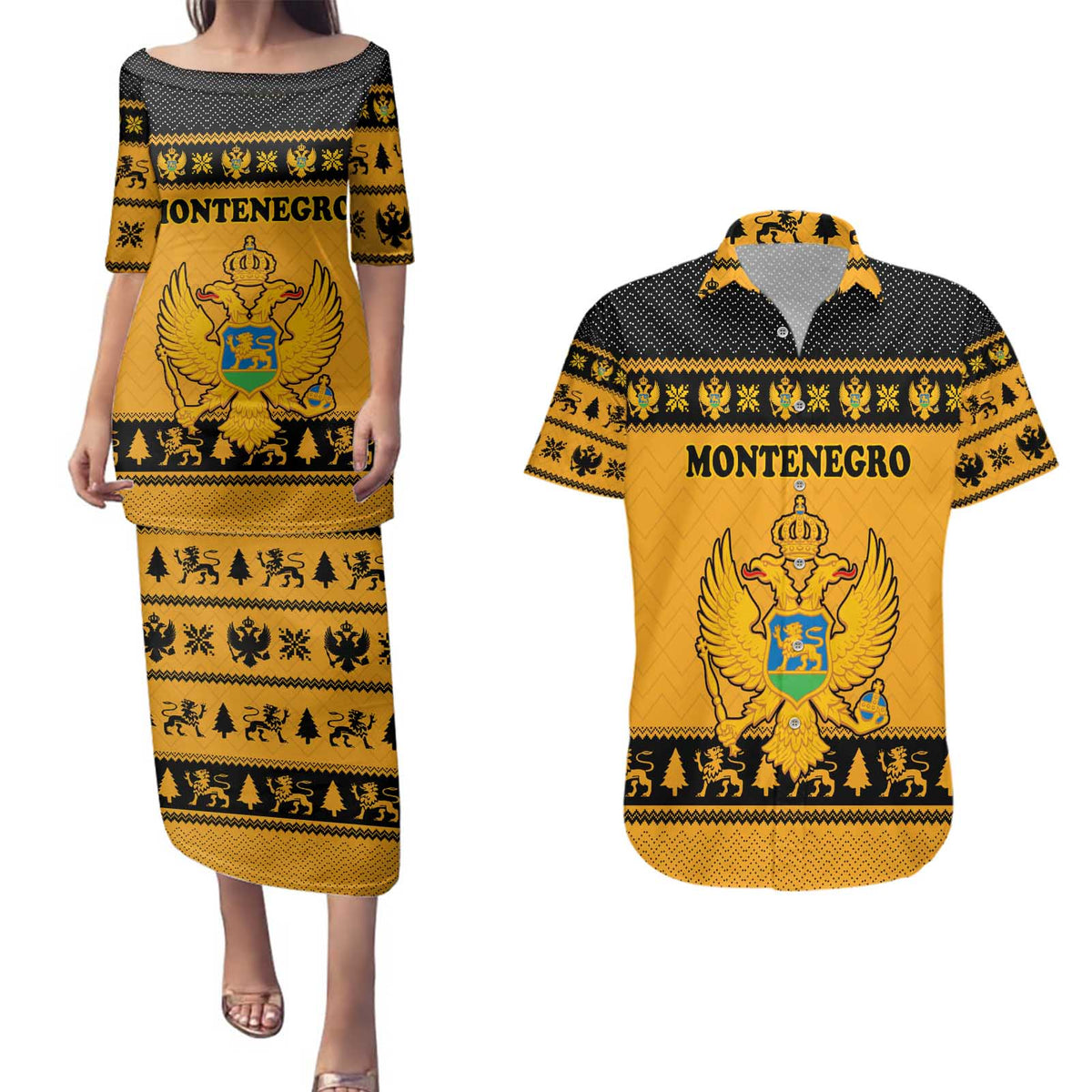 Montenegro Christmas Couples Matching Puletasi and Hawaiian Shirt with Gold-Black Theme, Double-Headed Eagle, and Map Motif - Wonder Print Shop