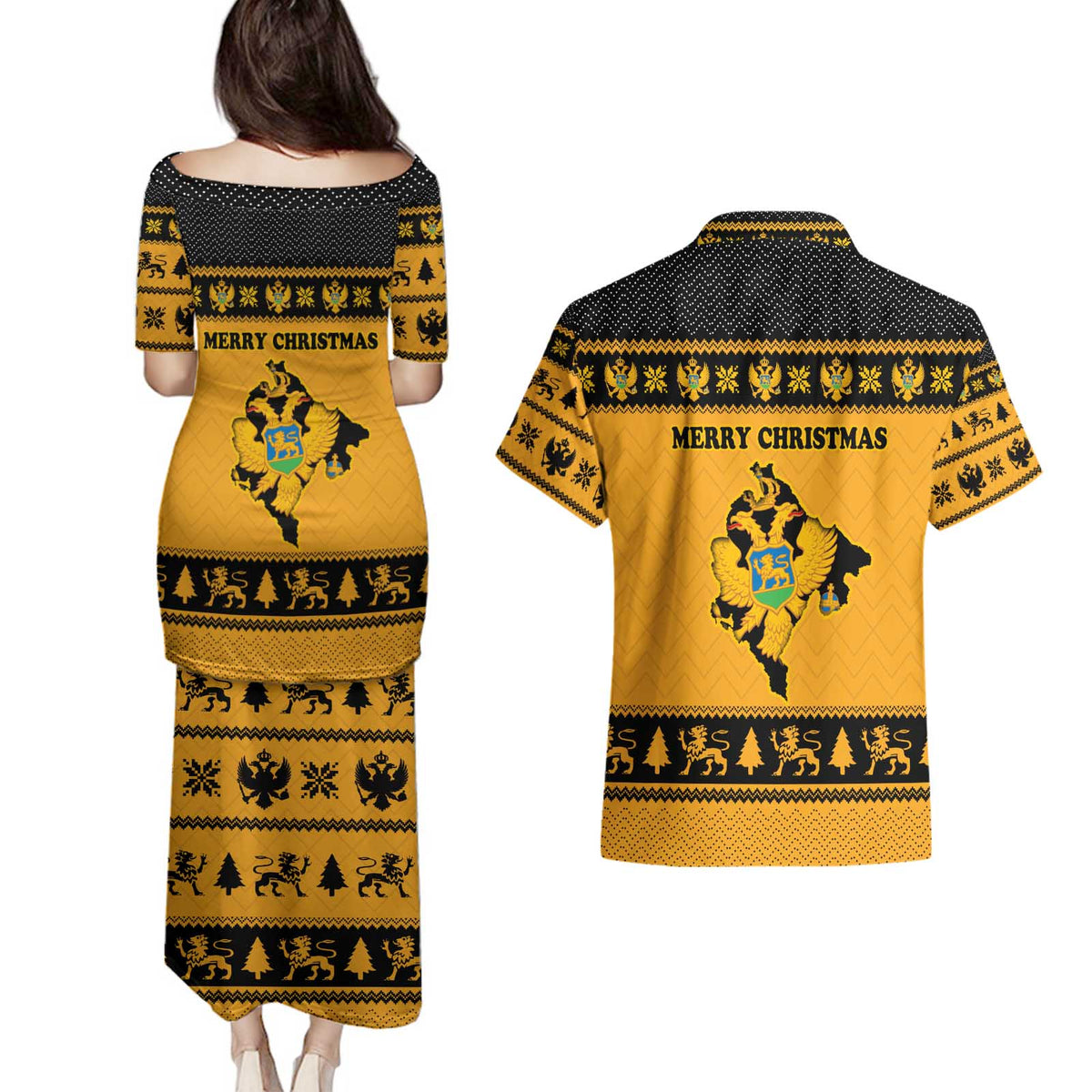 Montenegro Christmas Couples Matching Puletasi and Hawaiian Shirt with Gold-Black Theme, Double-Headed Eagle, and Map Motif - Wonder Print Shop