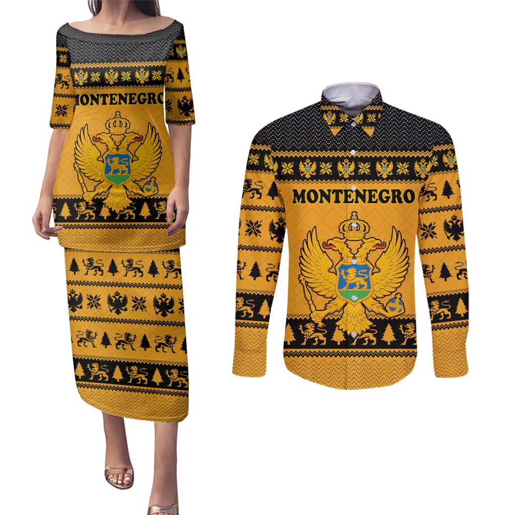 Montenegro Christmas Couples Matching Puletasi and Long Sleeve Button Shirt with Gold-Black Theme, Double-Headed Eagle, and Map Motif - Wonder Print Shop