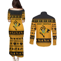 Montenegro Christmas Couples Matching Puletasi and Long Sleeve Button Shirt with Gold-Black Theme, Double-Headed Eagle, and Map Motif - Wonder Print Shop