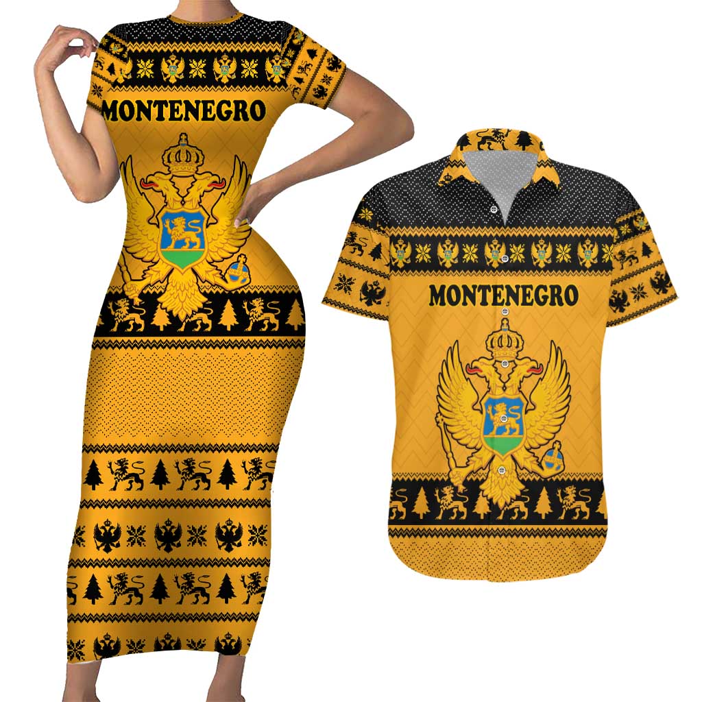 Montenegro Christmas Couples Matching Short Sleeve Bodycon Dress and Hawaiian Shirt with Gold-Black Theme, Double-Headed Eagle, and Map Motif - Wonder Print Shop