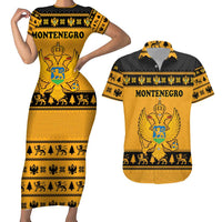 Montenegro Christmas Couples Matching Short Sleeve Bodycon Dress and Hawaiian Shirt with Gold-Black Theme, Double-Headed Eagle, and Map Motif - Wonder Print Shop