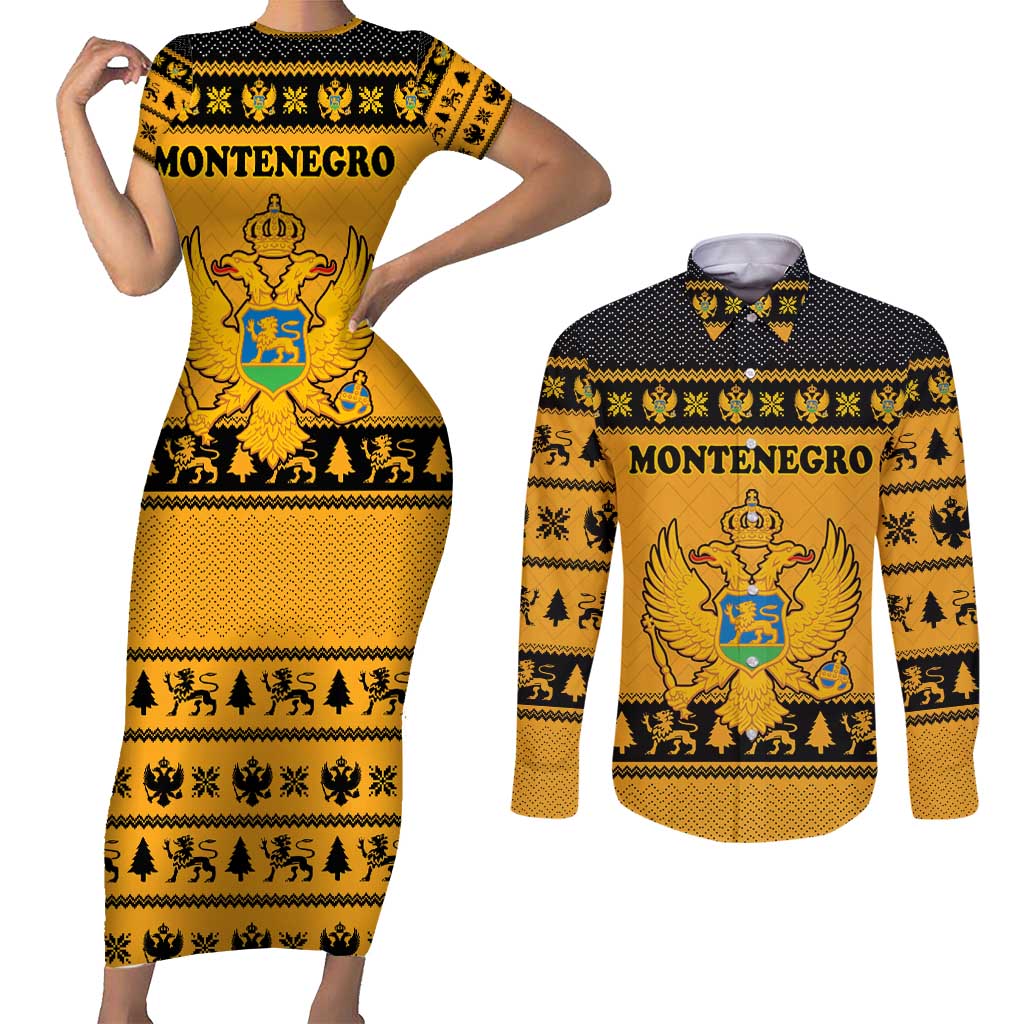 Montenegro Christmas Couples Matching Short Sleeve Bodycon Dress and Long Sleeve Button Shirt with Gold-Black Theme, Double-Headed Eagle, and Map Motif - Wonder Print Shop
