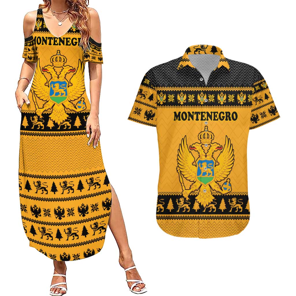 Montenegro Christmas Couples Matching Summer Maxi Dress and Hawaiian Shirt with Gold-Black Theme, Double-Headed Eagle, and Map Motif - Wonder Print Shop