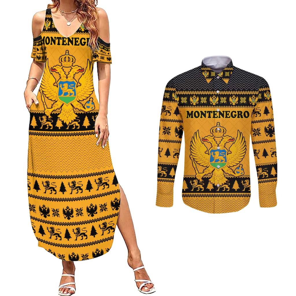 Montenegro Christmas Couples Matching Summer Maxi Dress and Long Sleeve Button Shirt with Gold-Black Theme, Double-Headed Eagle, and Map Motif - Wonder Print Shop