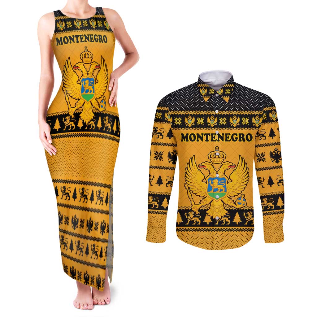 Montenegro Christmas Couples Matching Tank Maxi Dress and Long Sleeve Button Shirt with Gold-Black Theme, Double-Headed Eagle, and Map Motif - Wonder Print Shop